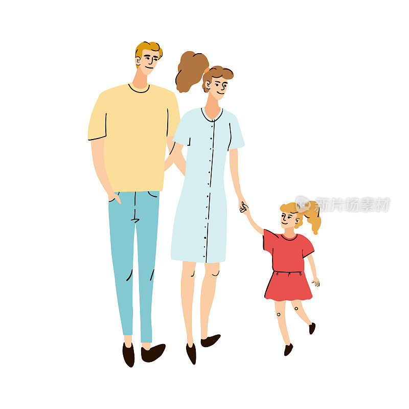 Young family, mom dad and daughter together walking